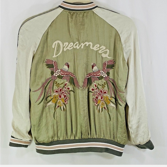 Zara Trafaluc Bomber Jacket Womens Green Satin w Embroidered Birds Dreamers - Picture 1 of 8
